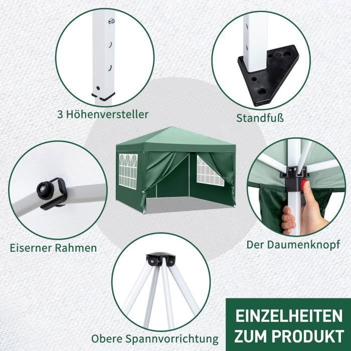 Tonnelle Pliant 3x3 m, Tonnelle de Jardin Imperméable avec 4 côtés, pour Reception/Camping,Vert