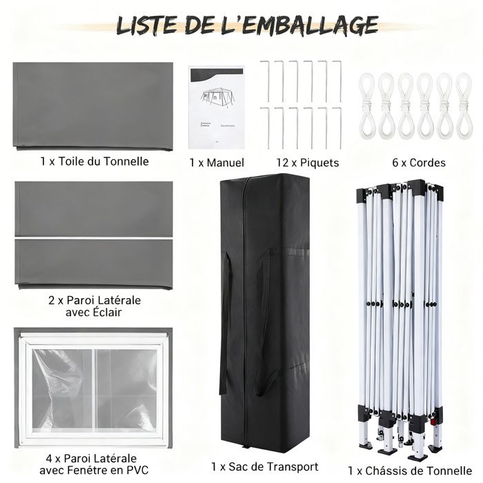 Tonnelle Tente 3x6m Pliant Tonnelle de Jardin, étanche Pavillon Tente de réception pour Exterieur,Gris