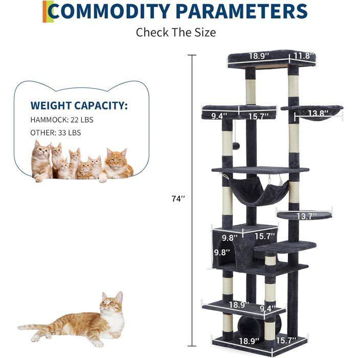 Arbre à Chat 2 en 1+ Enceinte de Litière Cachée - Meuble Chat Multiniveaux, Poteaux à Gratter, Boules Suspendues, Armoire - Gris