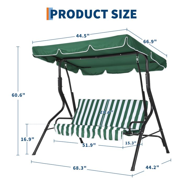 Balancelle 2 places, Toile ajustable, dossier inclinable, tablette pivotante, porte-gobelets et sac isotherme inclus, Bleu