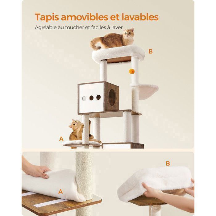 Arbre à Chat de 170 cm de Haut, Niche pour Chat, Meuble Cache-Litière, Marron et Blanc