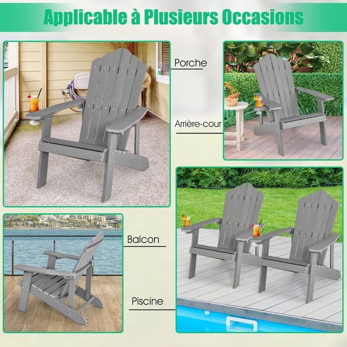 COSTWAY Fauteuil de Jardin Adirondack en HIPS Bois Massif Imperméable avec Porte-Gobelet Charge 170KG pour Piscine Terrasse, Noir