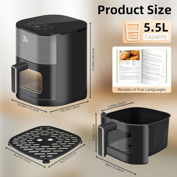 UTEN Air Fryer Sans Huile 5.5L 2000W,Friteuse à Air avec Écran Tactile LED,14 Programmes et Fenêtre Visible,Cuisson Rapide et Saine