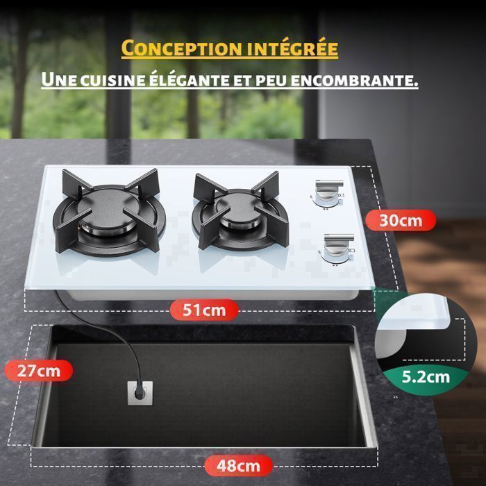 Plaque de cuisson gaz,Table Gaz,2 foyers,Verre Trempé,4200 W,Sécurité Thermocouple,Gaz Naturel/Propane,noir