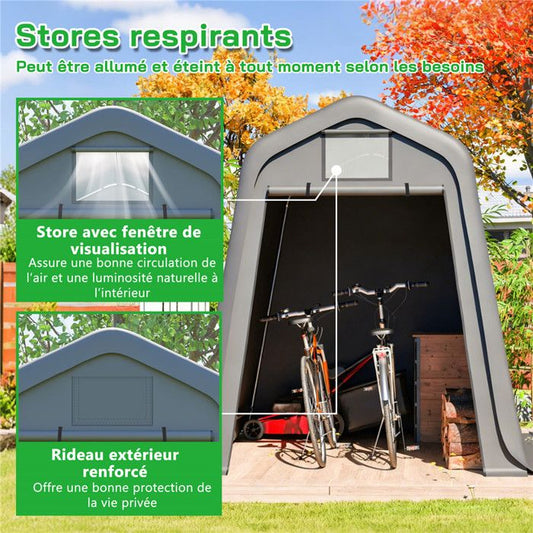 Abri de Jardin 7.8 m² Gris - Tente de Stockage Extérieur Étanche avec Porte Roulant et Ouvertures d'Aération, 213 x 366 x 225 cm