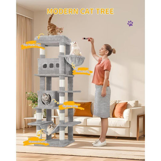 170 cm Grand Arbre à Chat, avec Grand Perchoir, Tapis Lavable, 2 Niches Chats, 8 Griffoirs, Hamac, Pompons, Gris Clair