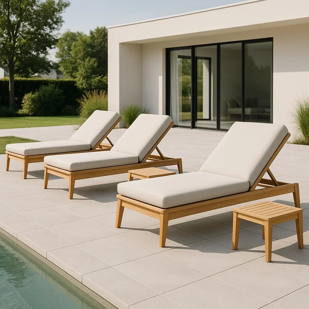 Ensemble 5 pièces chaise longue de jardin bois massif crème rembourrée réglable