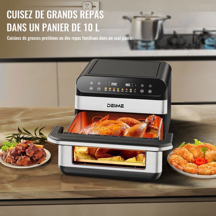 DEIME Friteuse à air sans huile 10L, Air Fryer 1800 W avec 10 Préprogrammes, Écran Tactile LED, Fenêtre Transparente