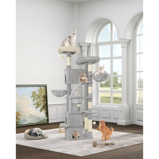 185 cm Arbre à Chat, Grande Tour à Chat pour Chats d'intérieur avec 2 Plates-Formes, 3 Condos, 6 Priffoirs, 2 Paniers, Gris Clair