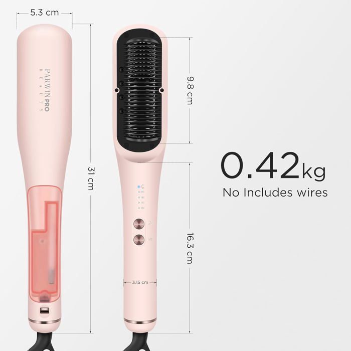 Brosse Lissante à Vapeur Pro, PARWIN PRO BEAUTY, Affichage LED, Ions & Vapeur pour Soin Double, 4 Réglages de Température – Blanc