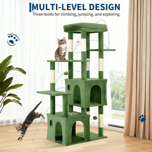 Arbre à chat multiniveau - GARVEE - avec griffoir, plateforme, jouets suspendus intégrés et 2 cabanes, Hauteur 155 cm - Vert