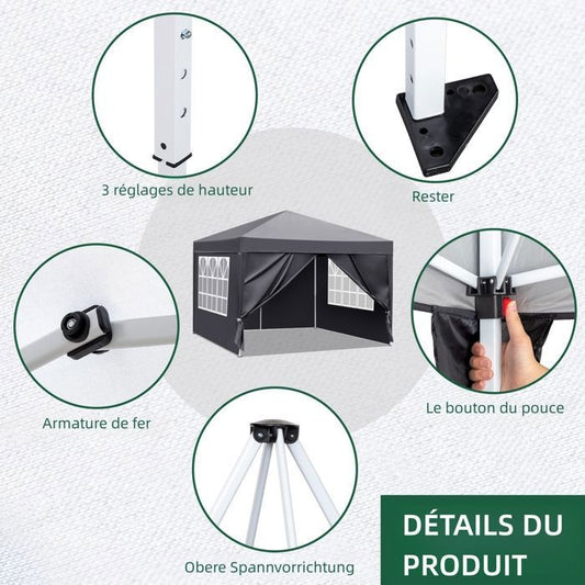 3*3M Tente de camping, tonnelle pour jardin, extérieur, réception, fête, gris, avec 4 sacs de sable