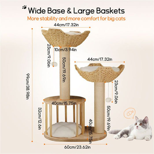 Arbre à Chat Hauteur 99 cm - BingoPaw - Centre d'activités pour Chats avec Griffoir en Sisal - 2 Plateformes avec 1 Niche