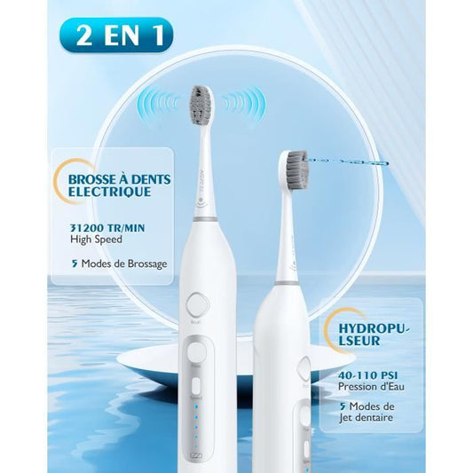 AGPTEK Hydropulseur et Brosse à Dents électrique Combo, Jet Dentaire Portable 5 Modes, 14 Jours d'autonomie, 500 ml, Étanche IPX7
