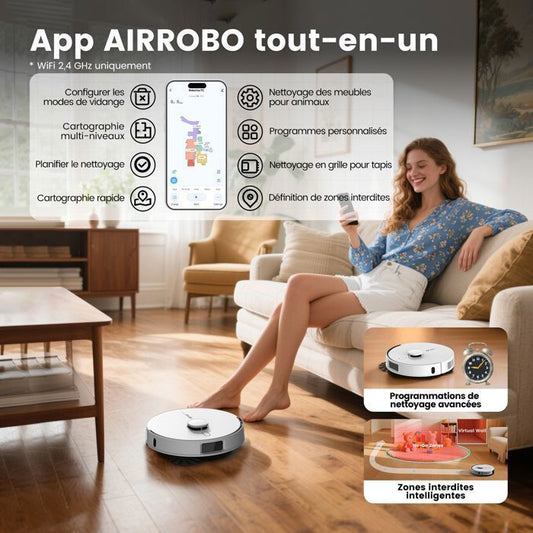 AIRROBO L60+ Aspirateur Robot Laveur avec Station 12000Pa - 3,5 L 240 Min - Cartographie LiDAR, Évitement d'Obstacles laser, Blanc