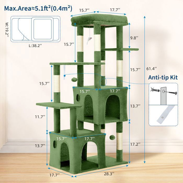 Arbre à chat - FARVEE - Arbre à chat multi-niveau avec griffoirs, escalade, hamac et niches, hauteur 188 cm - Gris clair