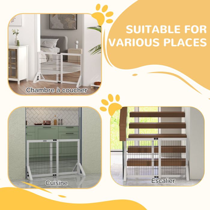 Barrière de sécurité pour chien - PawHut - 2 panneaux largeur réglable 63-106 cm - bois de pin acier - 63-106 x 44 x 67 cm - blanc
