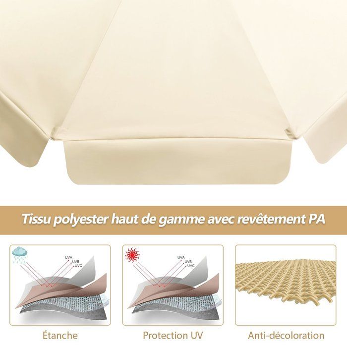 COSTWAY Parasol pour Terrasse Inclinable Dia.3M avec Manivelle Anti-UV,Protection Solaire Toile Polyester Imperméable Beige