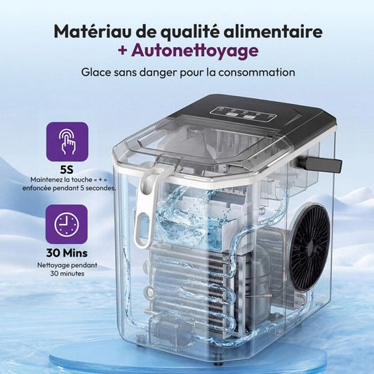 Acier inoxydable Machine à glaçons 12kg/24h, 1.2L, 9 glaçons en 6min, autonettoyante, poignée et support inclus, argentée