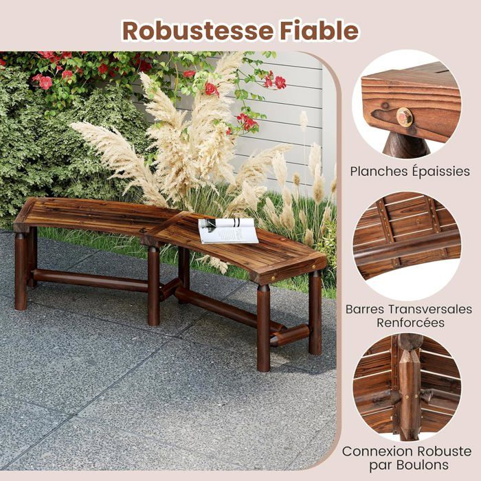 Banc de Jardin Extérieur Incurvé COSTWAY, Bois Massif, 2-3 Personnes, sans Dossier, Charge 360 kg, pour Patio Piscine, Naturel