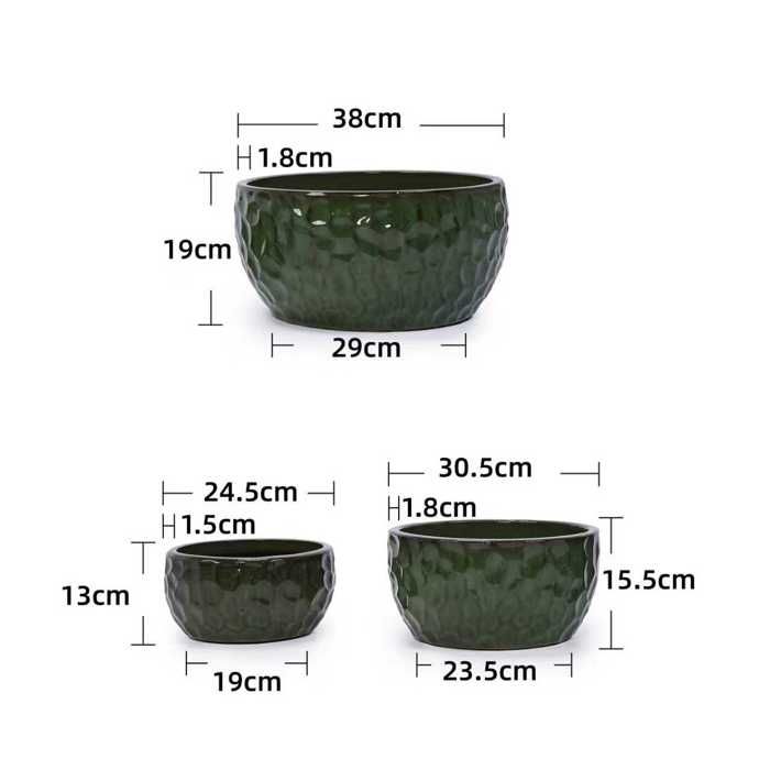 Lot de 3 Pots de Fleurs en Céramique Fait Main - 38/30/25 cm - Bleu Antique