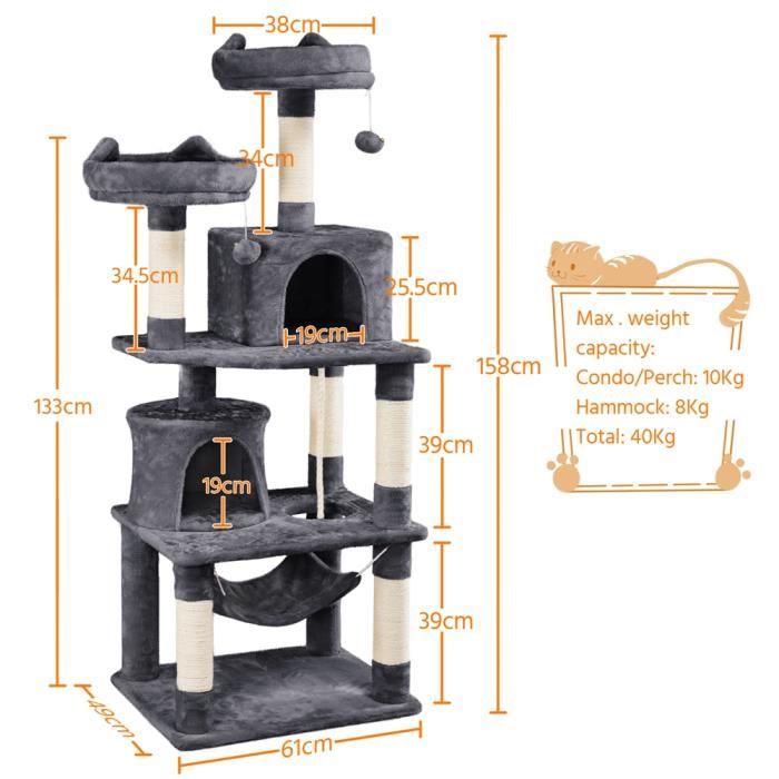 Arbre à Chat YAHEETECH - Tour à Griffer avec 2 Niches-Hamac Colonne en Sisal - Hauteur 158 cm Noir
