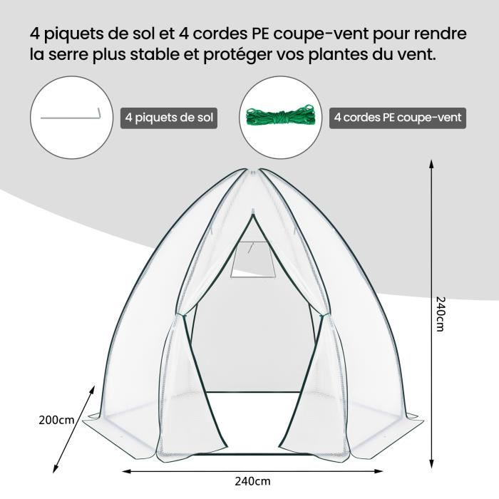 WOLTU Serre de Jardin, Serre d'Hivernage, Bâche en PE, Cadre en Acier Porte Zippée, 240x240x200cm, Blanc W0UETT0048