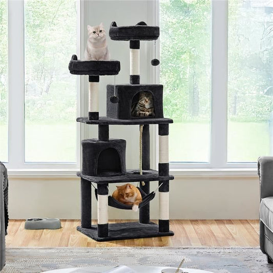 Arbre à Chat YAHEETECH - Tour à Griffer avec 2 Niches-Hamac Colonne en Sisal - Hauteur 158 cm Noir