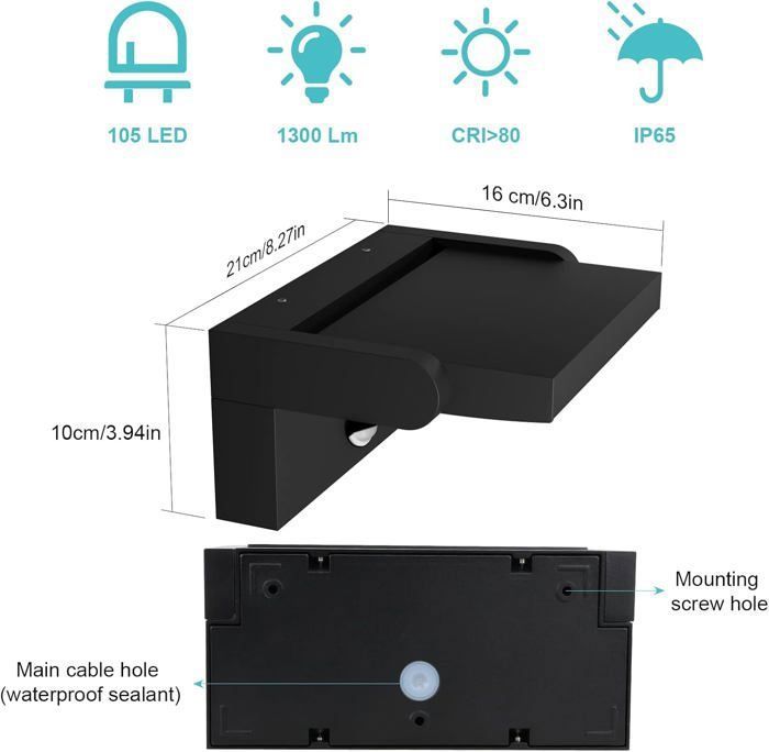 Appliques murales d’extérieur - Klighten - Avec capteur de mouvement - 6000K Lumière blanche froide - 24W - Aanthracite