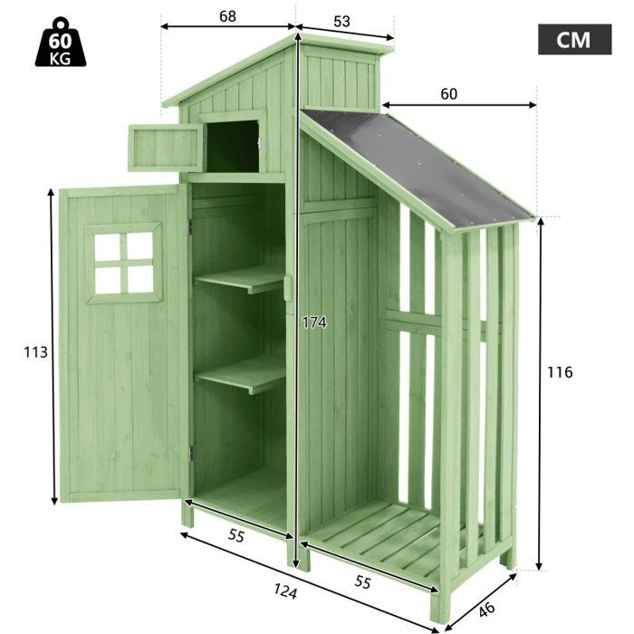 Abri de jardin - remise pour outils -124x46x174cm - Toit Imperméable et durable - Bois de qualité - vert