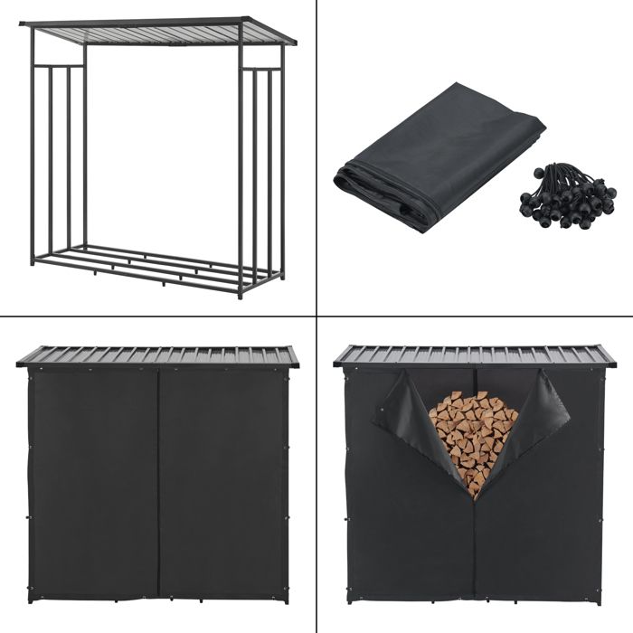 Abri-bûches couvert acier 185 x 180 x 70 cm noir