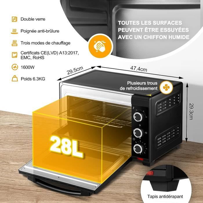 WOLTU Mini Four 28L, Four à Pizza 1600 W, 100-230°C, Minuterie 0-60 min, 3 Modes de Cuisine, Rouge+Noir W0ITT1011
