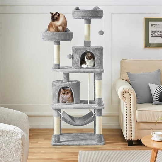 Arbre à Chat - YAHEETECH - 61 x 49,5 x 145 cm - Gris Clair - 2 Niches - 2 Perchoirs - 2 Boules de Peluche