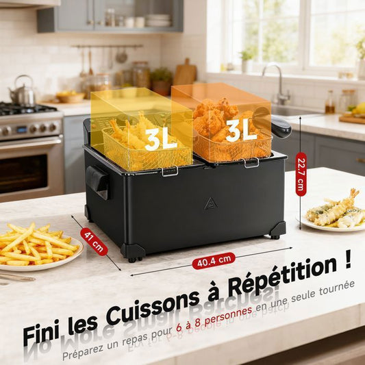 Aigostar Feast-Friteuse à Double cuve Indépendantes 0% BPA. 3600W, capacité totale 6L:2 x 3L. 2 couvercles et fenêtres et 2 paniers.