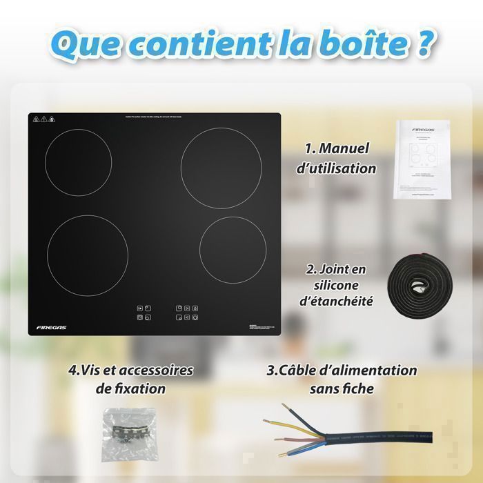 Plaque de Cuisson Vitrocéramique FIREGAS - 4 zones 7200W - L59 x P52 cm - Noir