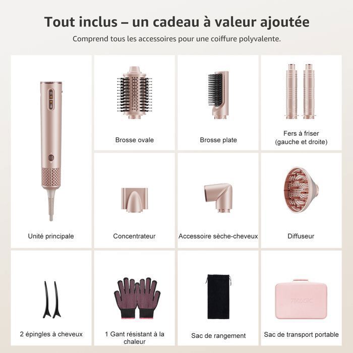 Brosse Soufflante Multifonction à haute vitesse 7 en 1 1400W | Ionique & NTC | Lisseur & Boucleur Auto | 12 Modes | Or Champagne
