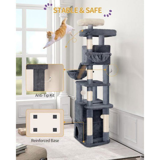 185 cm Arbre à Chat, Grande Tour à Chat pour Chats d'intérieur avec 2 Plates-Formes, 3 Condos, 6 Griffoirs, 2 Paniers, Gris Foncé
