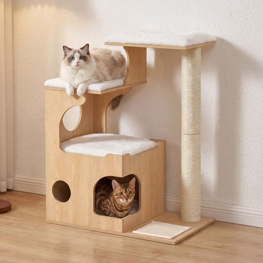 Arbre à Chat, avec Plateformes, Niche, Tapis à Griffer en Sisal, Coussins en Peluche, 86 cm, Beige