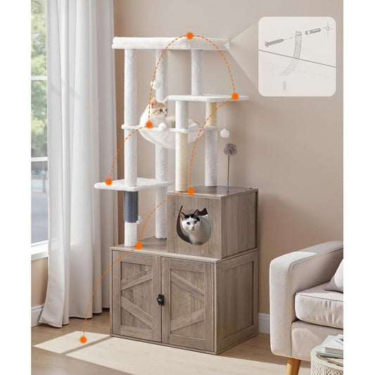 Arbre à Chat avec Maison de Litière pour Chat-HOOBRO-Maison pour Chat en Bois avec Tour à Chat-60 x 45 x 151 cm-Grège