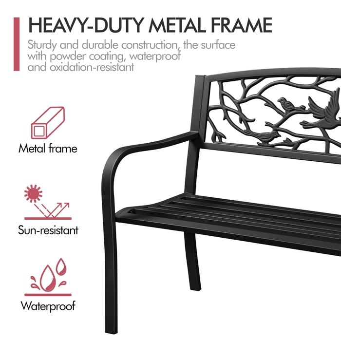 Yaheetech Banc de Jardin en Métal Banc Extérieur avec Dossier à Motif d'oiseau Siège à Lattes 127 x 63 x 86 cm