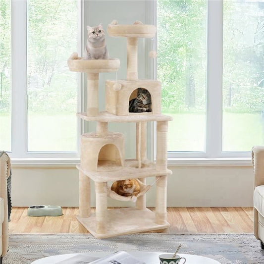 Arbre à Chat YAHEETECH - Tour à Griffer avec 2 Niches-Hamac Colonne en Sisal - Hauteur 158 cm Beige