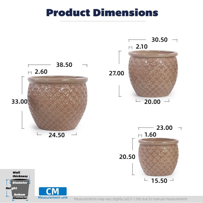 Lot de 3 Pots de Fleur en Céramique - 38,5/30,5/23 cm - Grand Bac à Fleurs avec Trou de Drainage - Vase Design - Beige