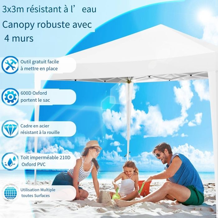 Tonnelle de Jardin 3x3m Tente Pavillon de Jardin Pliante pour Exterieur,imperméable avec 4 Côtés,Blanc