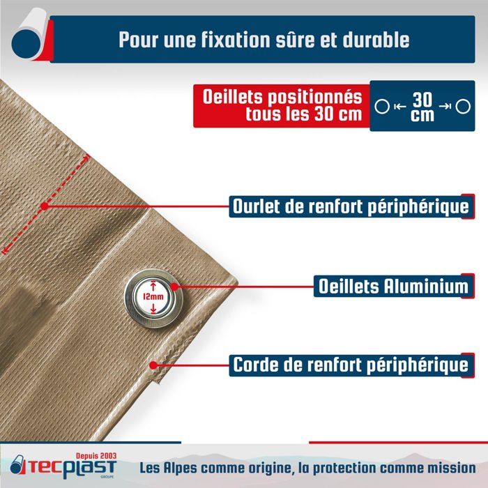 TECPLAST Bâche Jardin 3x5 m LP506JD Blanc Crème - Garantie 5 ans - Bâche PVC étanche - Résistance Anti-UV
