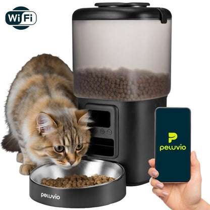 Distributeur de croquettes Automatique Chat PELUVIO Crispy - WiFi - 4,5 L - 4 Repas/jour - Enregistrement Vocal - Noir