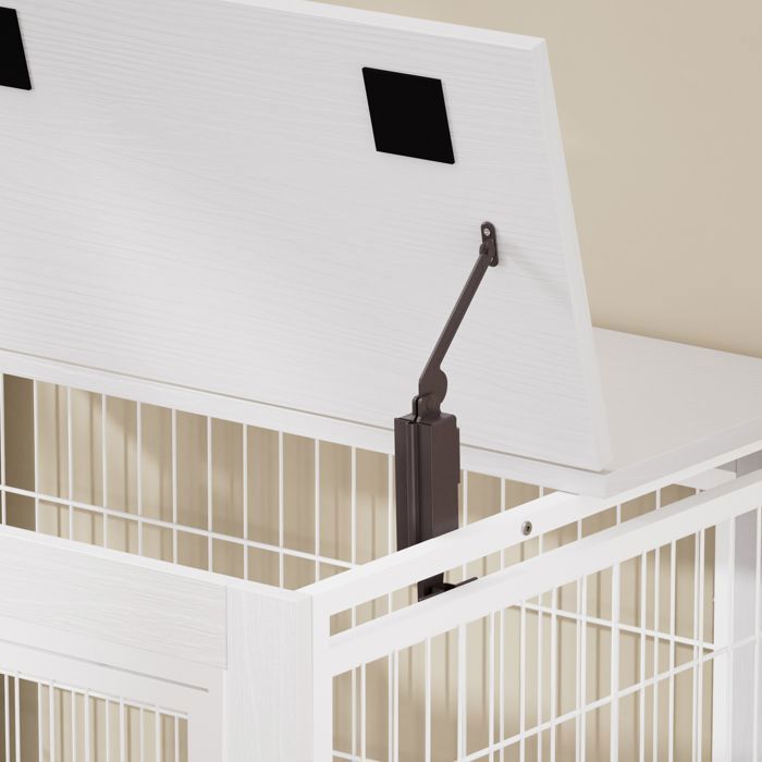 Cage pour chien meuble - Memkey - 80 x 56 x 69,5 cm - Panneau de particules et acier blanc - Roulettes, double porte