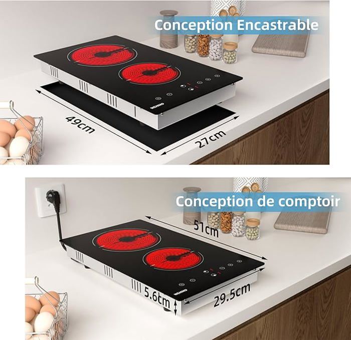 Plaque de Cuisson Vitrocéramique - WEHIMO - 2 Feux - 3400W - Noir - Sécurité enfant