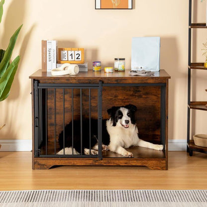 Cage pour Chien, 100 cm Meuble Cage Chien, Cage Chien Interieur avec Porte coulissante, 2 Portes, 100 x 60 x 68 cm, Ivoire Clair