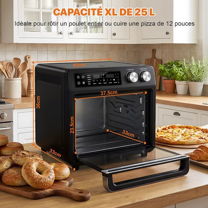 Four électrique à convection, 46L avec Tournebroche, 6 modes de cuisson, Lèchefrite avec pince, Grille de cuisson - Noir/Inox