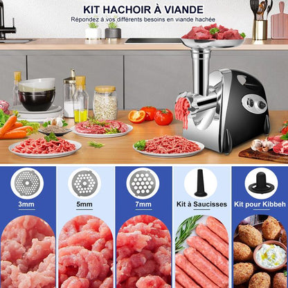 Hachoir à Viande Électrique 2800W - Écran Tactile - 11PCS avec 2 Lames 4 Inox Disques 3 Kit de Saucisse 1 Kubbe 1 Brosse - Argent